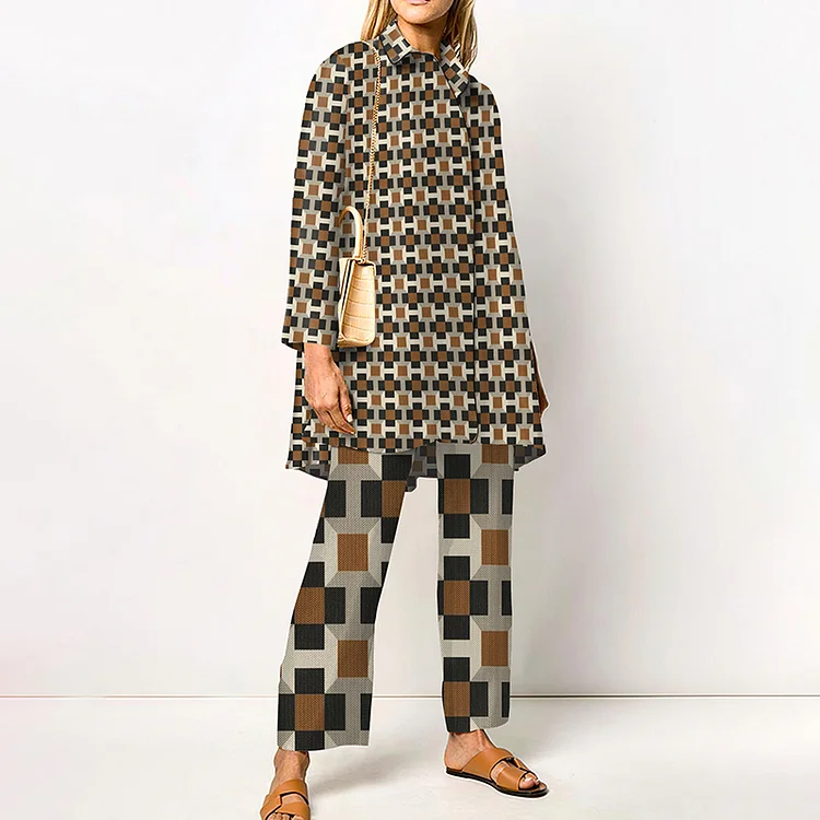 Vintage Print Long Sleeve Two Piece Set