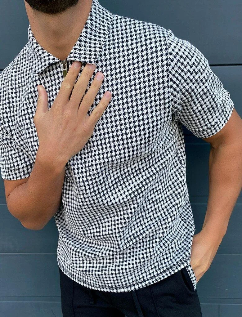 Men's black and white plaid polo short-sleeved T-shirt
