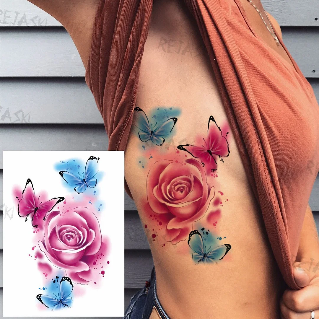 Sdrawing Butterfly Rose Flower Temporary Tattoos For Women Men Leopard Reindeer Henna Clown Fake Tatoos Waterproof Tattoo Stickers