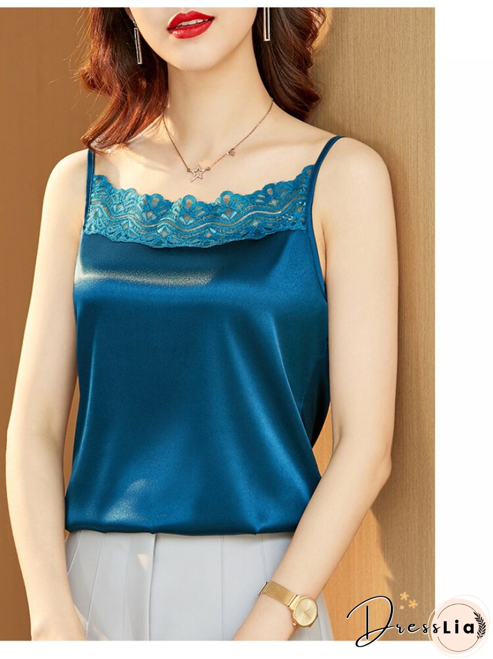 Sexy Lace Patchwork Cami Tops Women Summer New Fashion Inner Matching Suit Silk Satin Sleeveless Tank Top Female