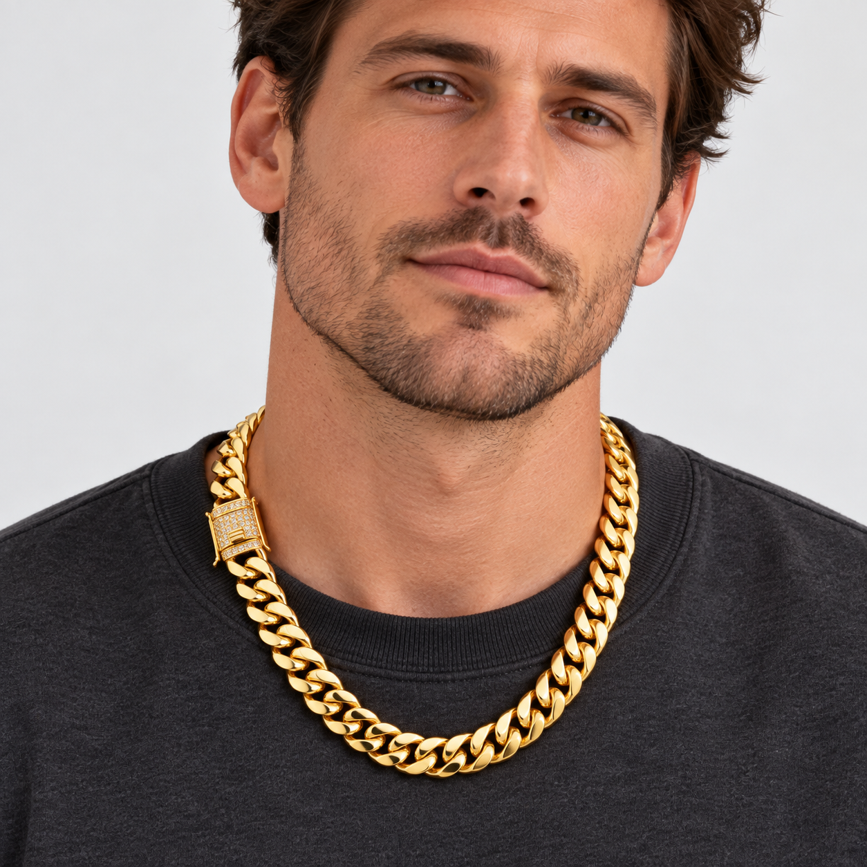  Men&rsquo;s 18K Gold-Plated Titanium Steel Miami Cuban Link Necklace with CZ-Accented Clasp, 8&ndash;18mm