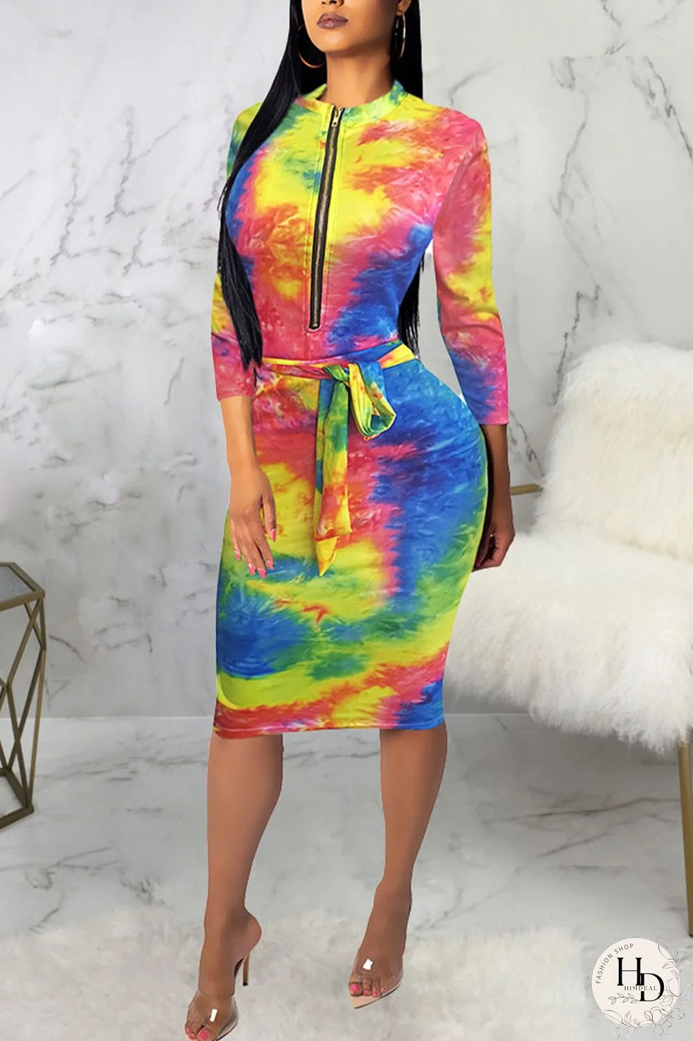 Powder blue Sexy Polyester Tie Dye Split Joint O Neck Long Sleeve Knee Length Long Sleeve Dress Dresses