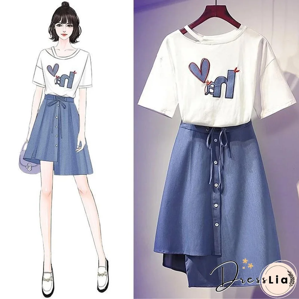 Cute Print Tee+Button Skirt P11163