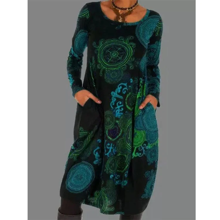 Uveng Polyester Fiber Women's Print Dress Long Pullover