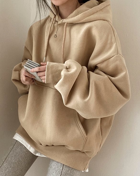 Fashionv-Solid Large Pocket Hooded Sweatshirts