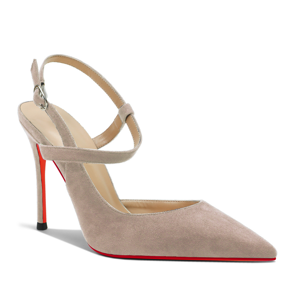 100mm Women Slingback Pumps Ankle Strap Jenlove Stiletto Mid Heel Close Pointed Toe Dress Red Bottoms Suede Shoes-MERUMOTE