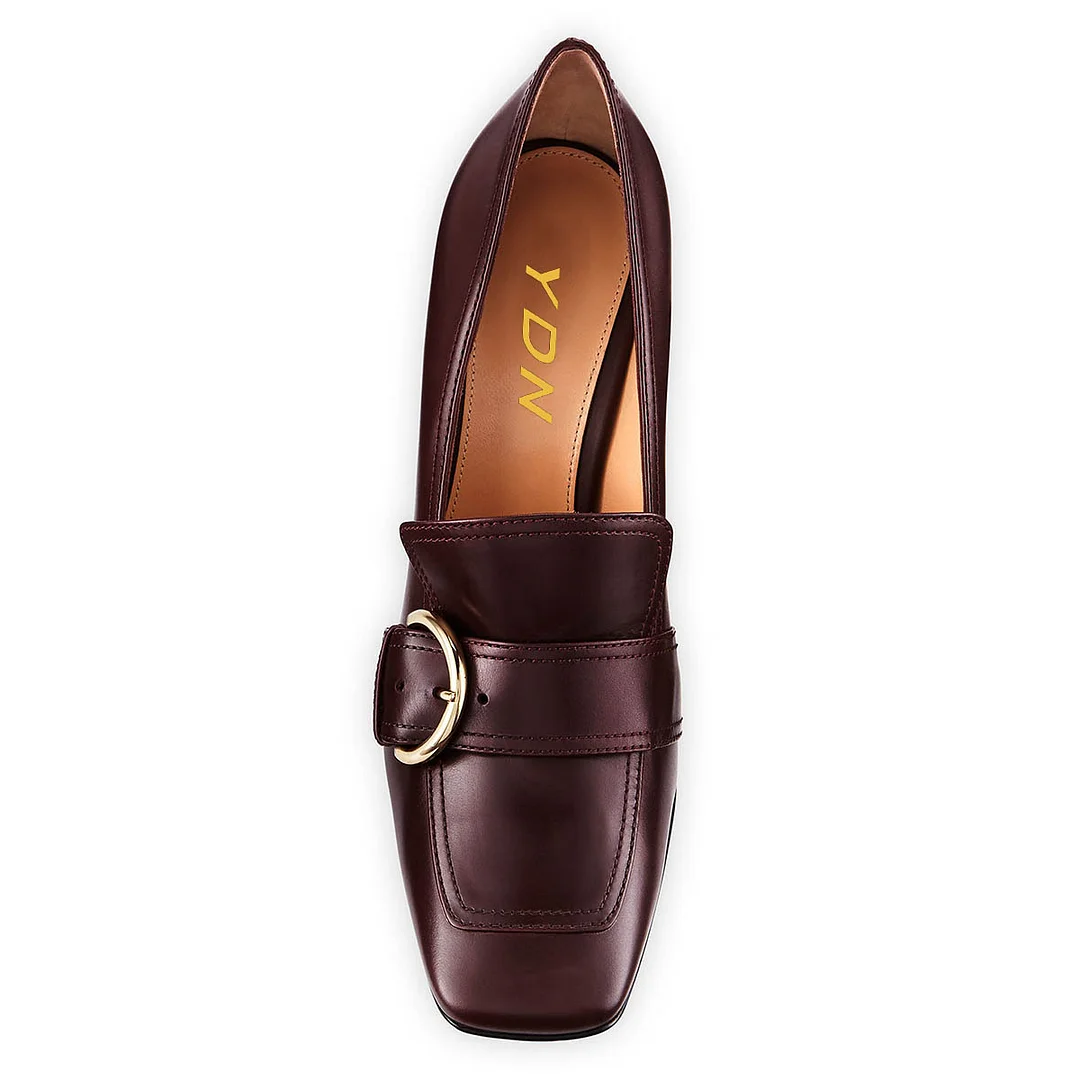 Round Buckle Square Toe Chunky Heeled Loafers Women in Maroon