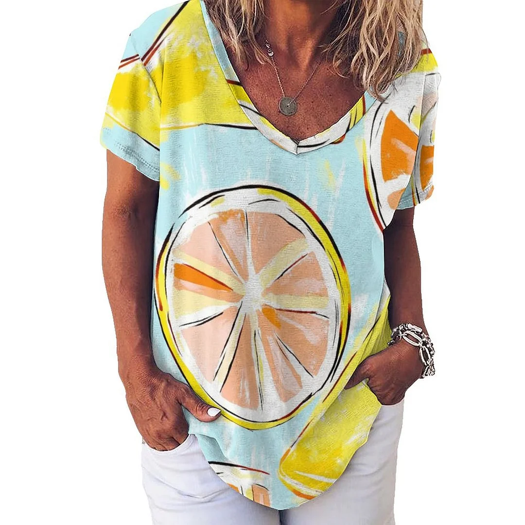 V-neck Short Sleeve Casual T-shirt for  Women Printed with Pattern Lemon, Summer, Yellow