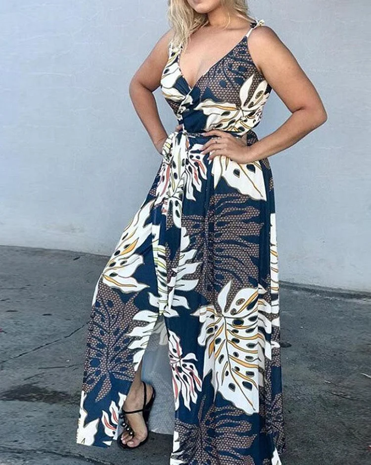 Floral Sling Split Long Dress