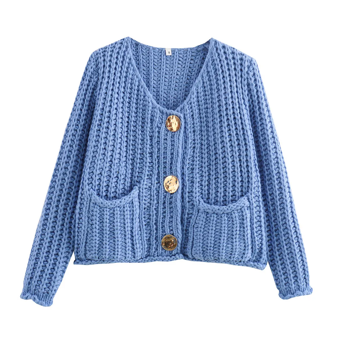 Nigikala Nigikala Women's Solid Color Single Buckle Double Pocket Short Thick Knit Shirt Coat Top B66004