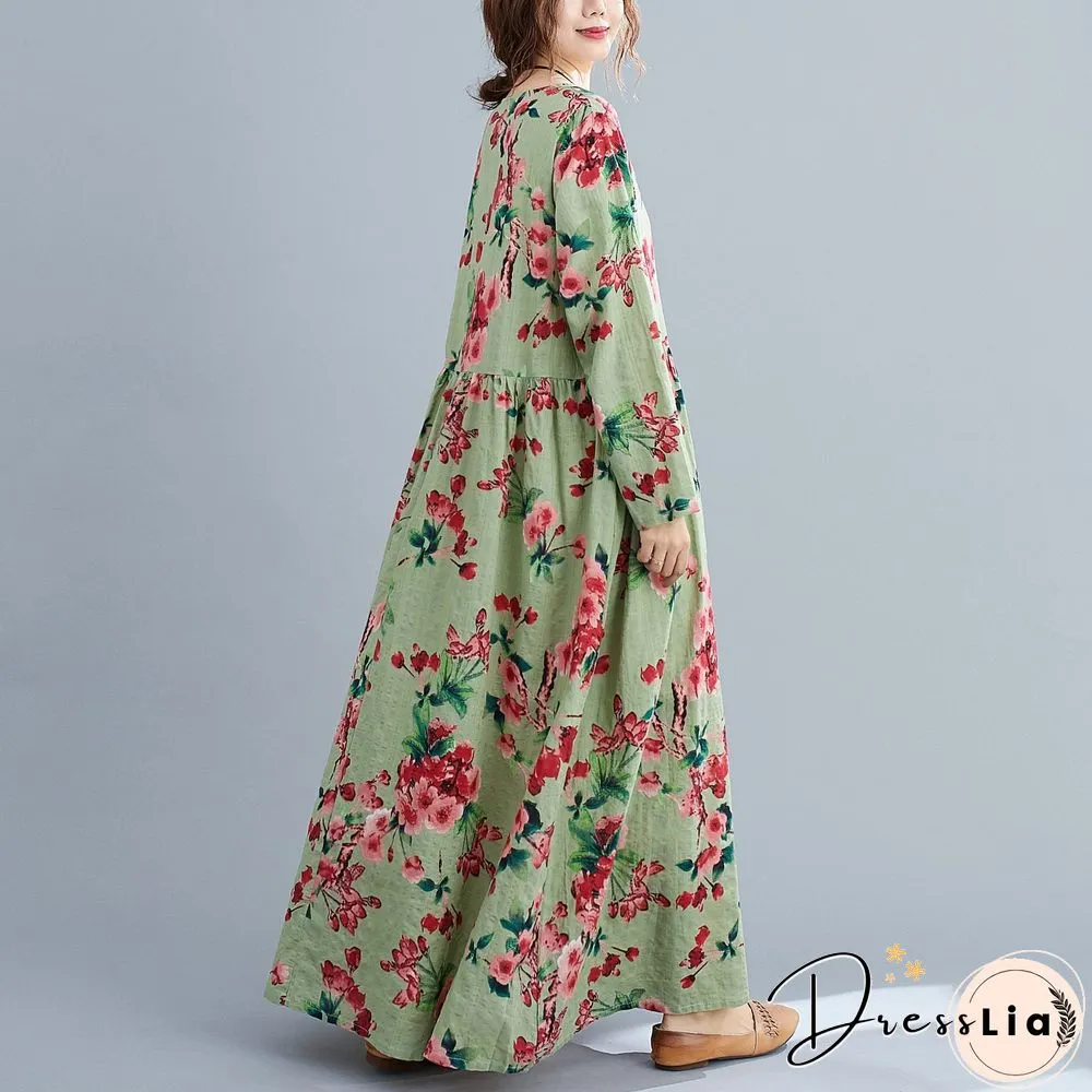 Loose Cotton Linen Printed Long Sleeve Swing Maxi Dress