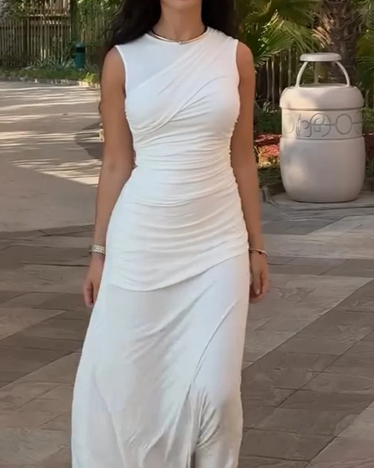 Women's solid color round neck sleeveless tight dress