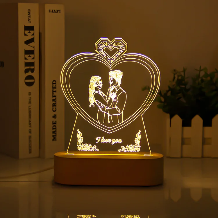 Custom Photo Heart Clear Acrylic Wooden Base LED Night Lights