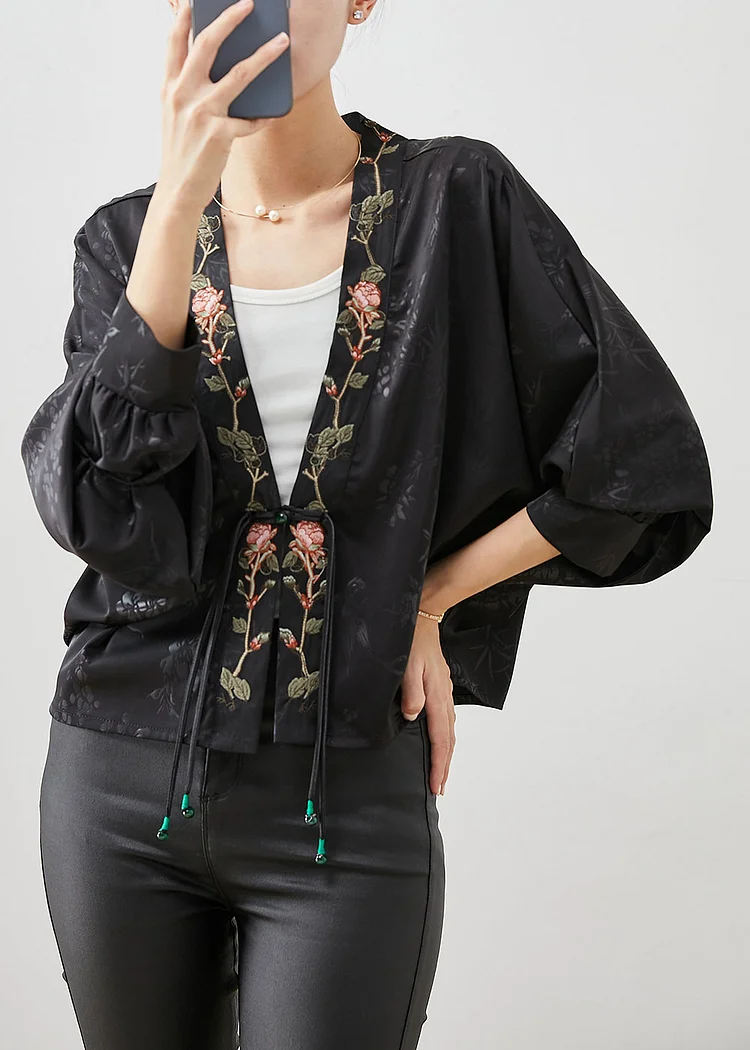 Vintage Black Embroideried Tasseled Silk Cardigan Spring