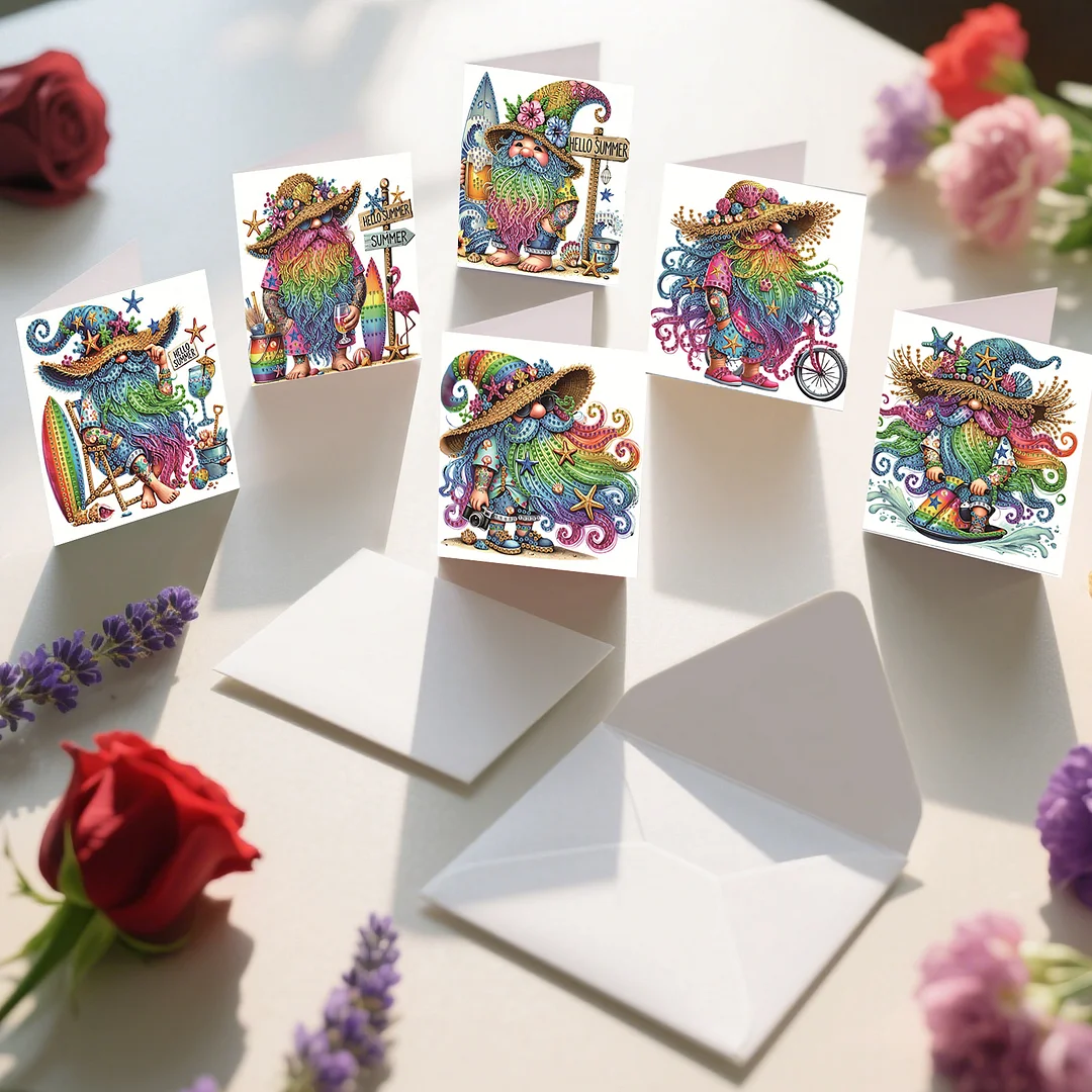 6pcs Gnome DIY Diamond Art Greeting Cards Thank You Cards and Holiday Blessings(Blank Inside)