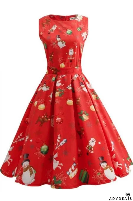 Christmas Print Sleeveless Belted Dress