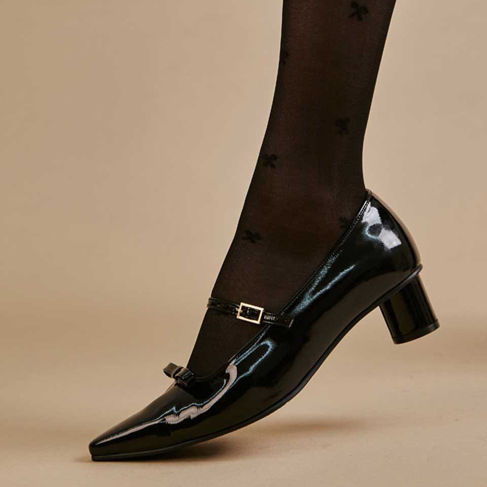 Black Pointed Toe Chunky Heel Buckled Mary Jane Pumps Nicepairs