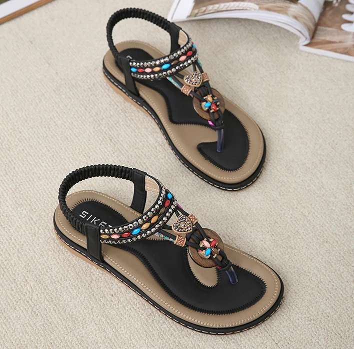 Casual Fashion Wood Bead Buckle Rhinestone Flat Beach Sandals