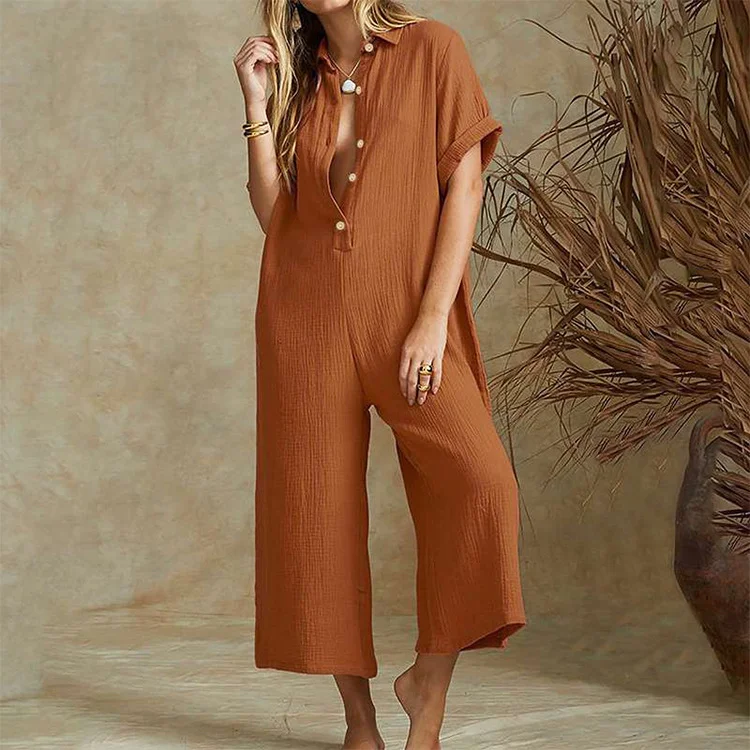 solid casual wide leg buttoned jumpsuit p264689