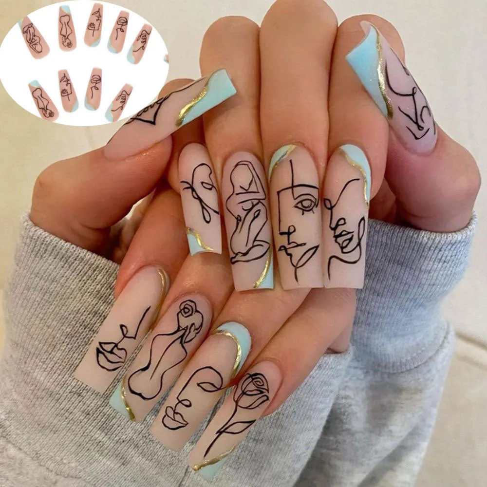 24Pcs Long Ballerina False Nail Love Pattern French Coffin Fake Nails Full Cover Wearable DIY Manicure Tools Press On Nails-Nail Inspo