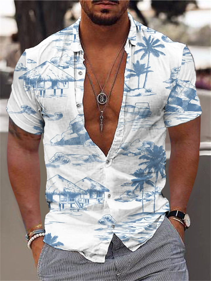 Men's Shirts Coconut Tree Series 3D Digital Printing Hawaii Short-sleeved Printed Shirts White,Black+White,Brown,Green