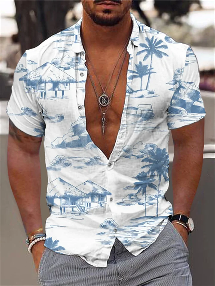 Men's Shirts Coconut Tree Series 3D Digital Printing Hawaii Short-sleeved Printed Shirts White,Black+White,Brown,Green-Cosfine
