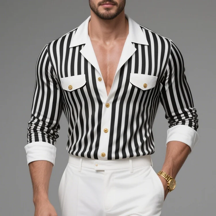 Okaywear Camp Collar Button Long Sleeve Black Striped Shirt Okaywear