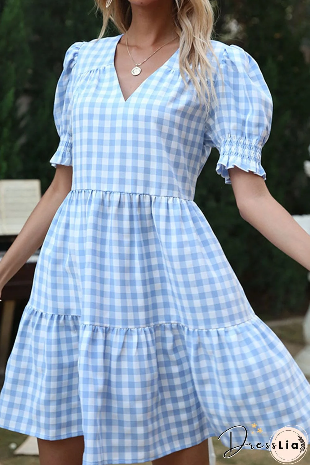 Fashion Sweet Plaid Split Joint V Neck A Line Dresses