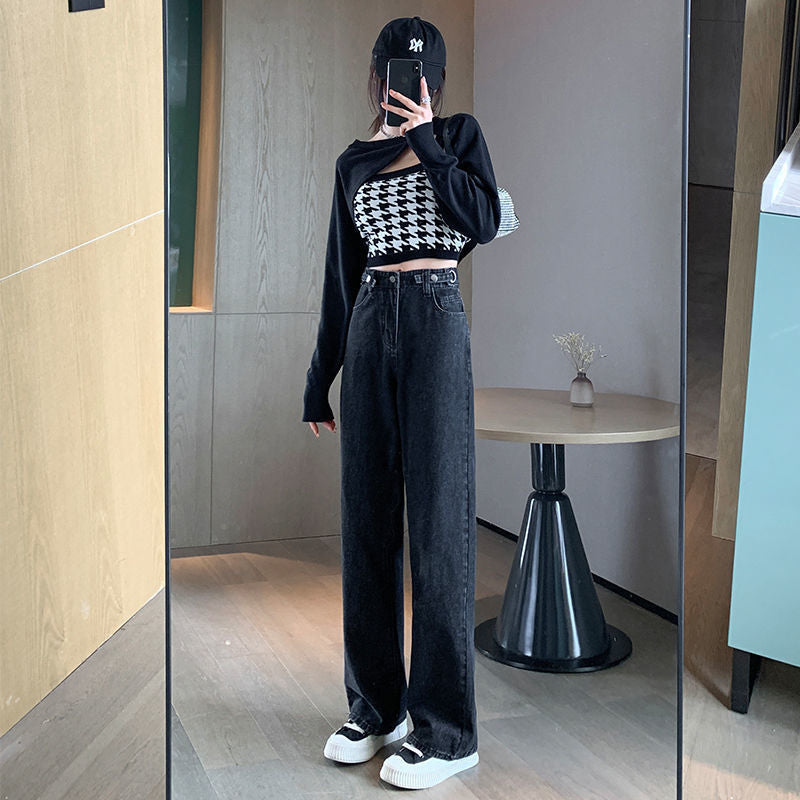 Aiertu casual fall outfits High Waist Wide Leg Jeans for Women Spring and Autumn Slimming Draping Loose Straight Lengthened Mopping Pants aiertu
