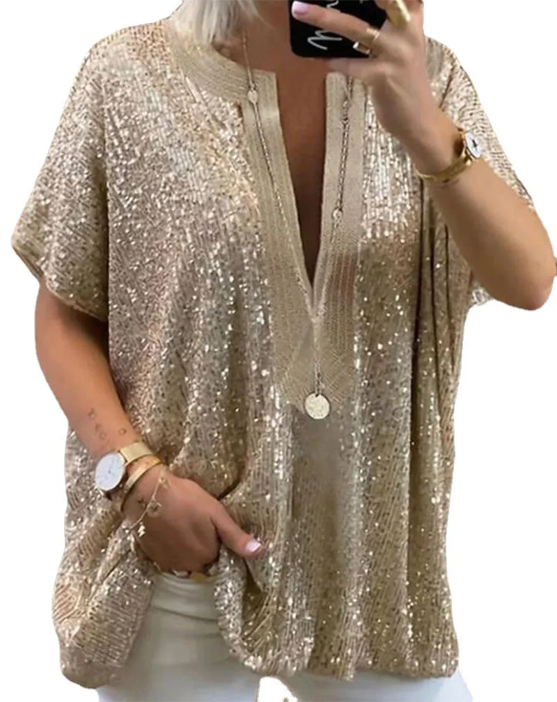 Uveng Sequins V-neck Sleeve Sequin Deep Blouses