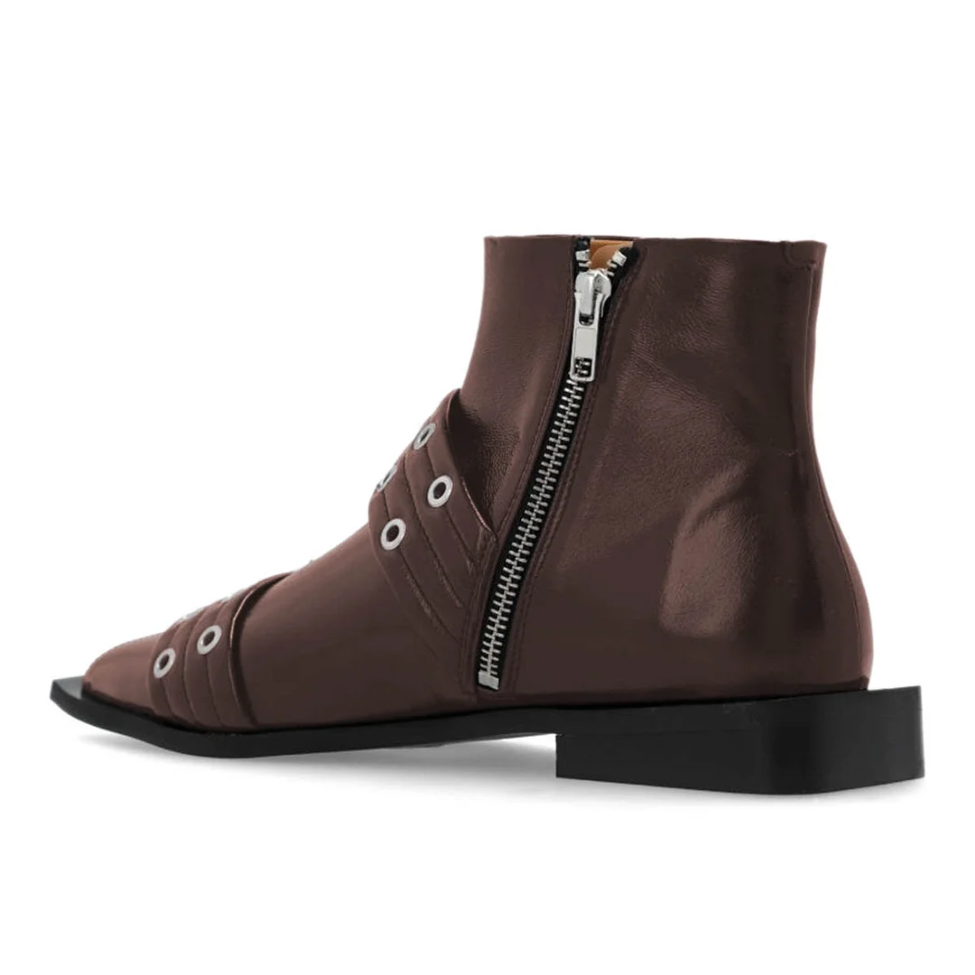 Brown Vegan Leather Pointed Toe Grommets Strap Flat Ankle Boots
