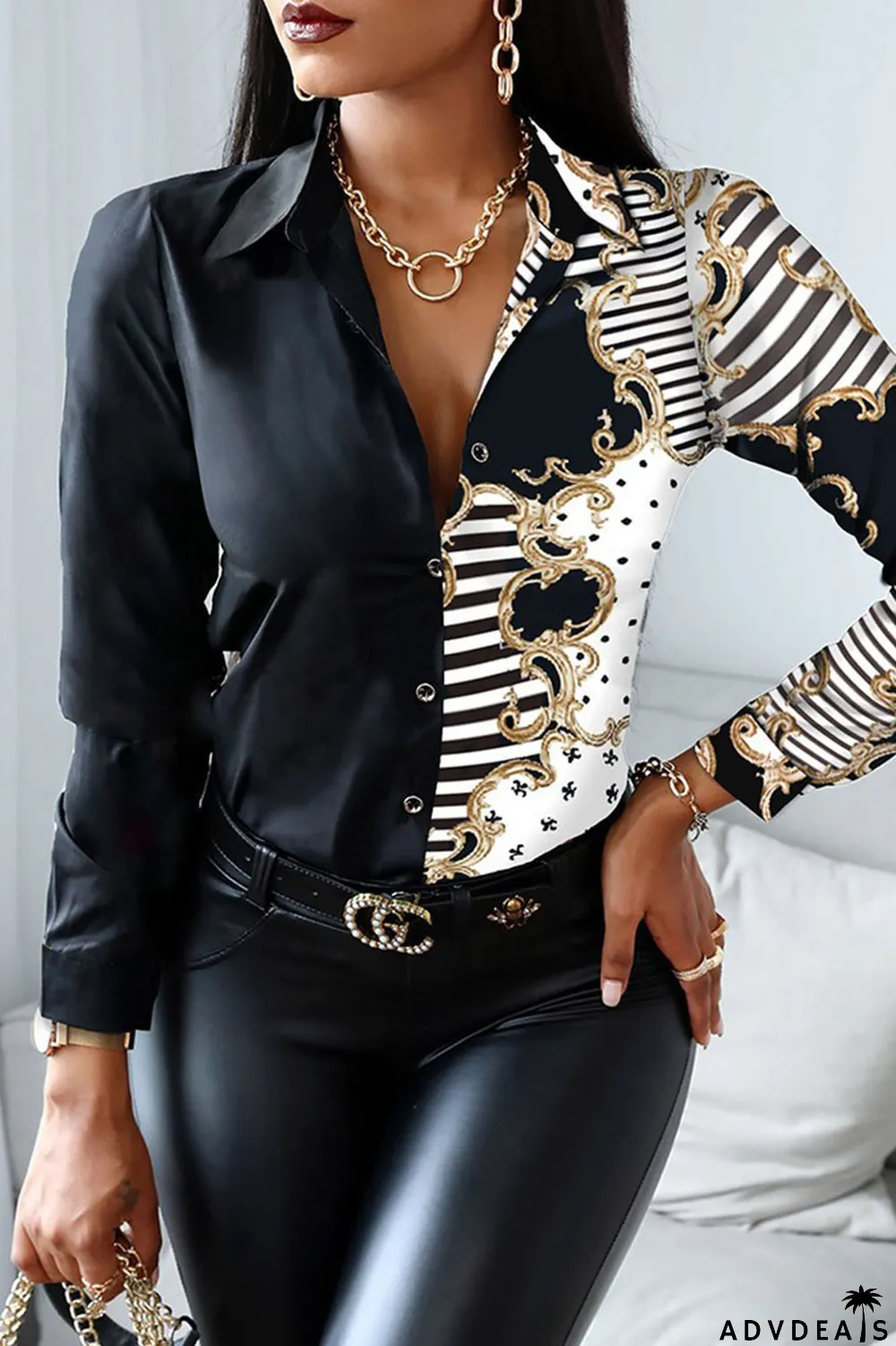 Red Black Casual Print Patchwork Buckle Turndown Collar Tops