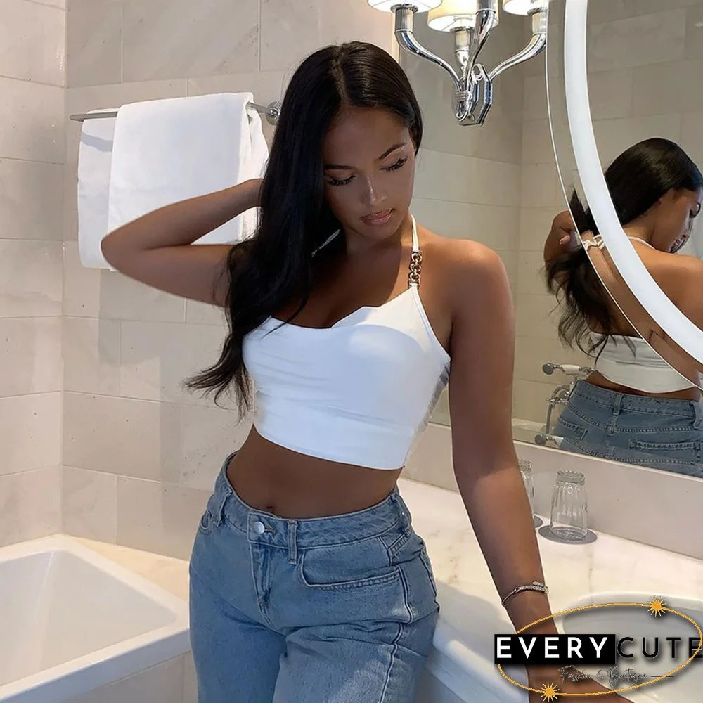 White Crop Top Womens Chain Stitching Halter Top Sleeveless Backless Sexy Tube Cami Female Summer Clothing Fashion Streetwear