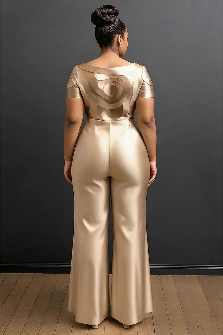 Xpluswear Design Plus Size Business Casual Champagne Floral Round Neck Cap Sleeve Short Sleeve Pocket Elegant Satin Jumpsuits [Pre-Order]