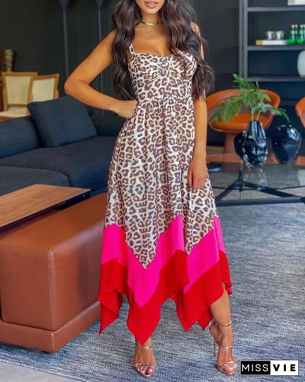 Cheetah Print Colorblock Asymmetrical Maxi Dress