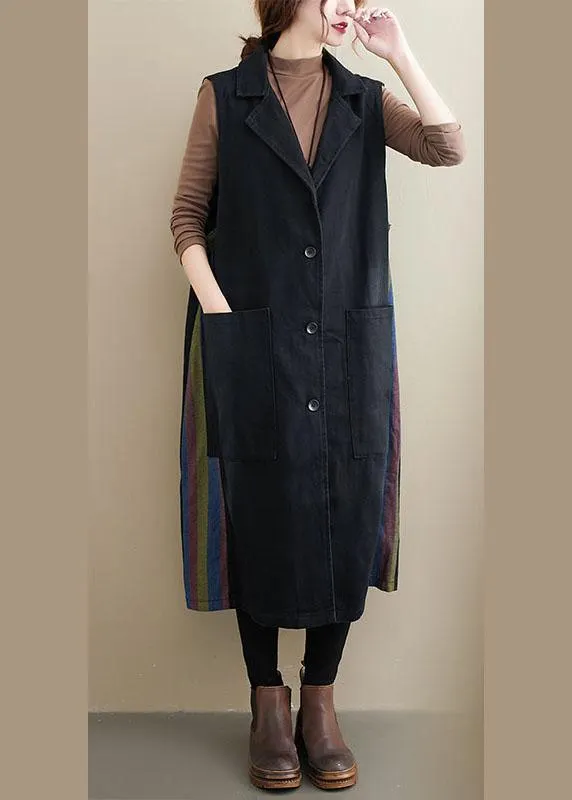 Fashion Black PeterPan Collar Button Pockets Patchwork Fall Sleeveless Waistcoat