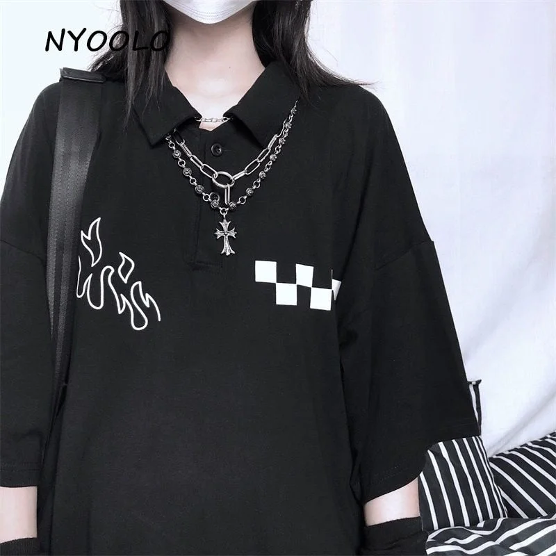 NYOOLO 2020 Casual street flame plaid print turndown collar short sleeve t-shirt women men Summer loose hip hop tee shirt tops