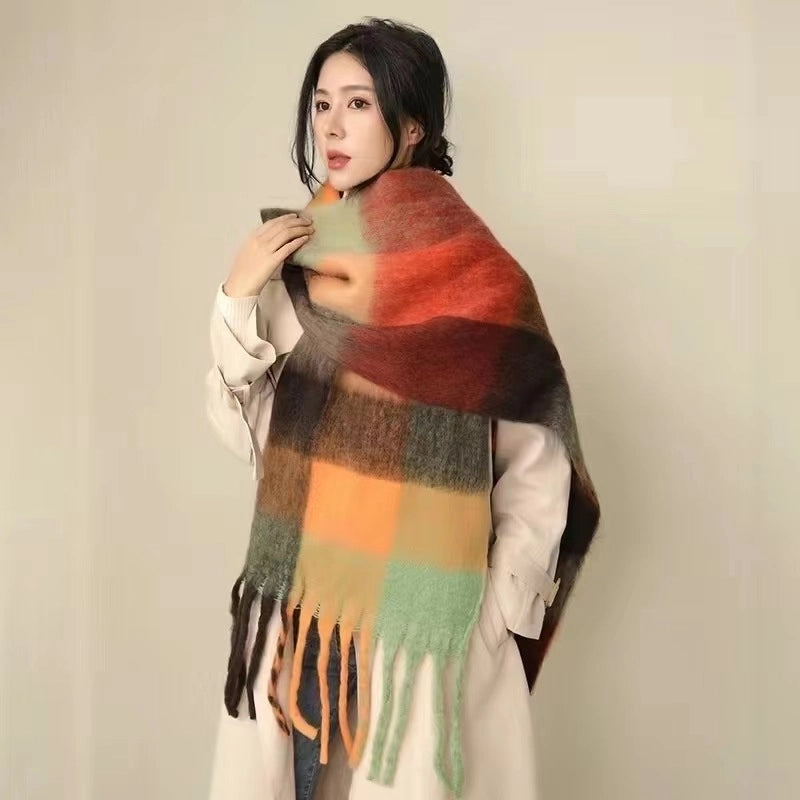 Rainbow Plaid Tassel Scarf For Women Autumn And Winter Famous Color Matching Cashmere Mohair Shawl Thickened Scarf