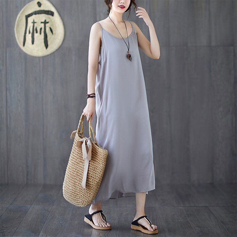 2021 Summer New Sling Dress Loose Medium Length And Thin Solid Color Vest Large Women'S Dress
