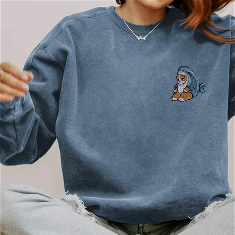 Women's Shark And Cat Print Crew Neck Casual Sweatshirt