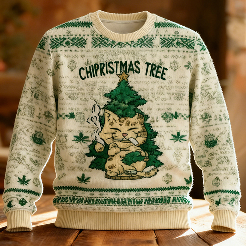 Cute And Quirky Cat Christmas Tree Pattern Warm Crew Neck Sweater elevenforest