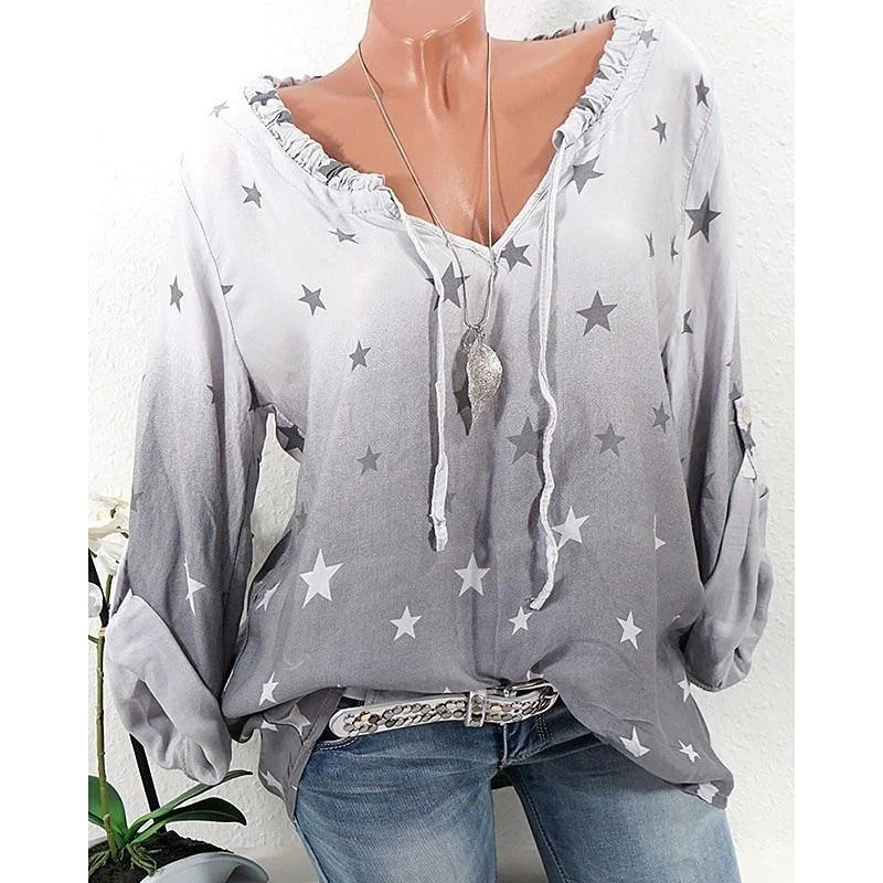 Women's Casual V-Neck Blouse Long Sleeve Star Print Tops