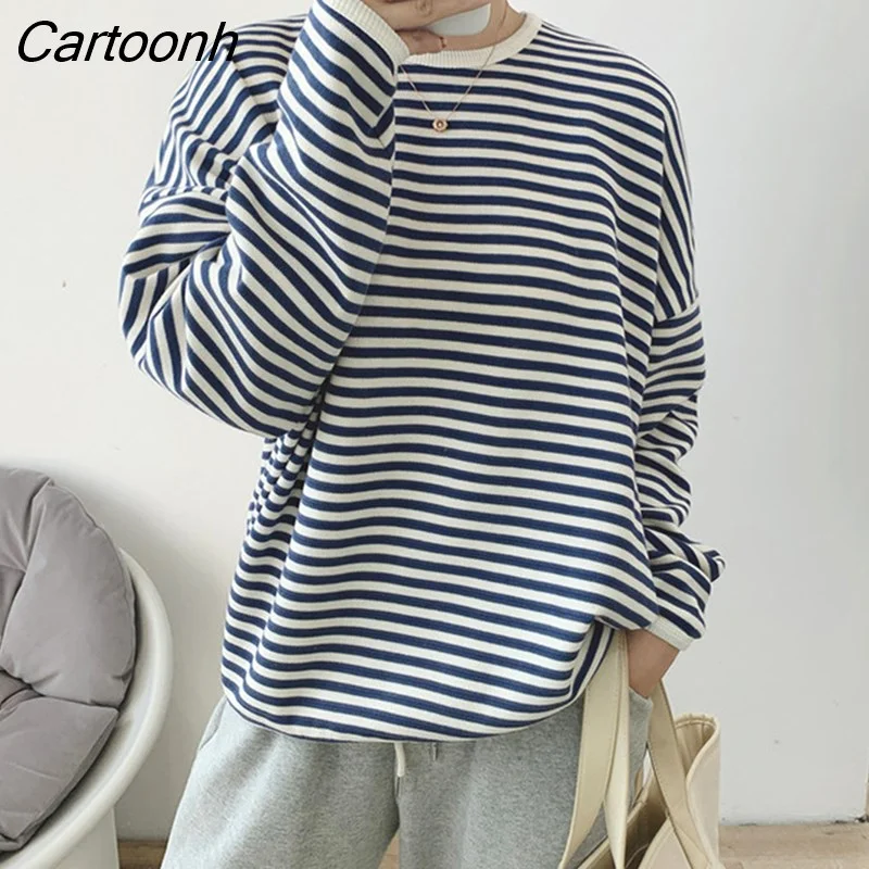 Cartoonh 2023 Autumn Casual Striped Pullovers Women Knitted Cotton Sweatshirts Female Long-sleeved Loose Tops Tee Shirt Femme