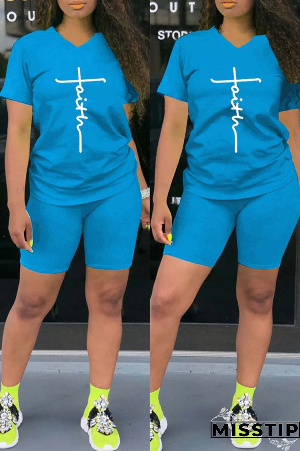 Black Casual Print Basic V Neck Short Sleeve Two Pieces