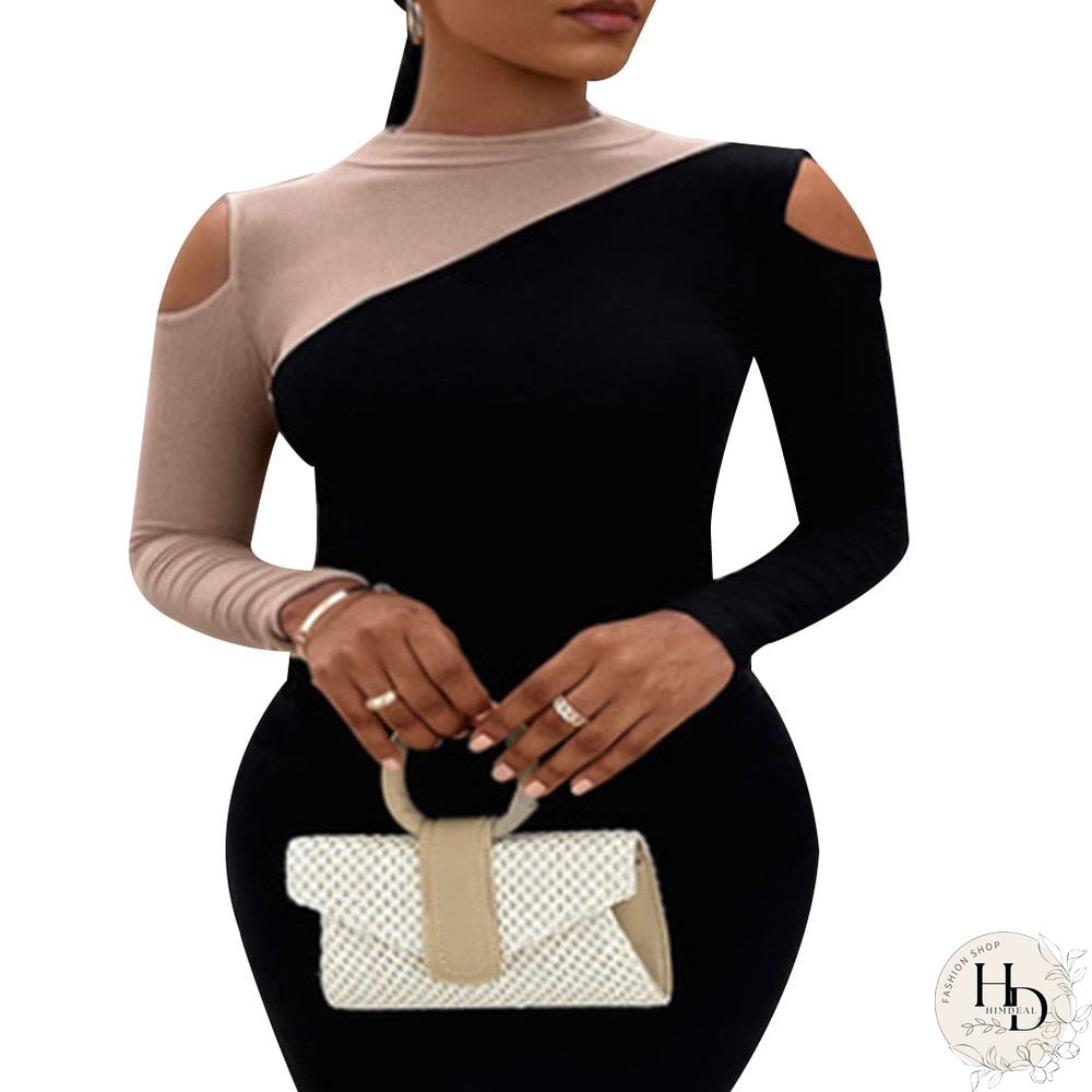 Woman Slim Hollow Out Long Sleeve Tops Patchwork Color Round Neck Elegant Vintage Autumn Female Casual Tops Fit T-Shirt D30