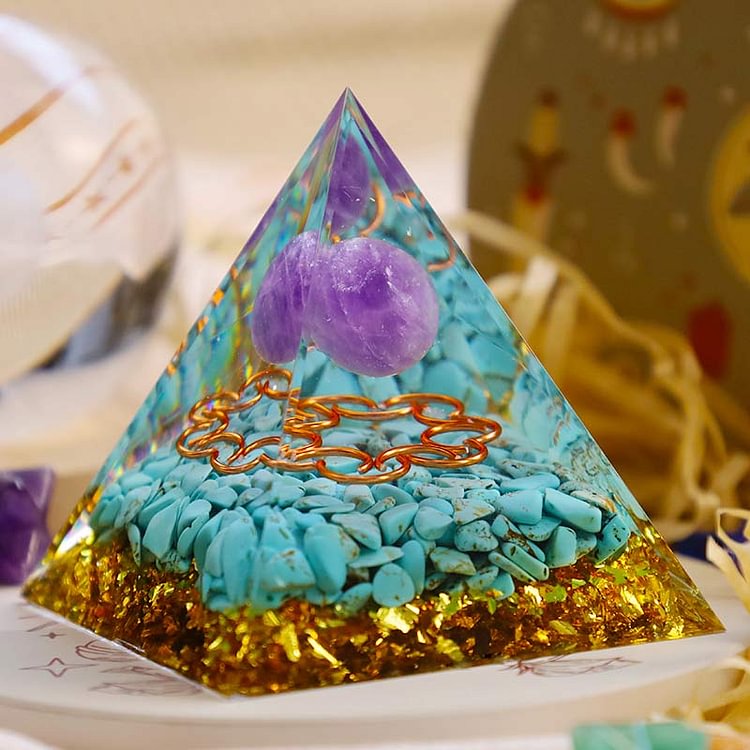 Luck Energy Amethyst Sphere With Turquoise Orgone Pyramid