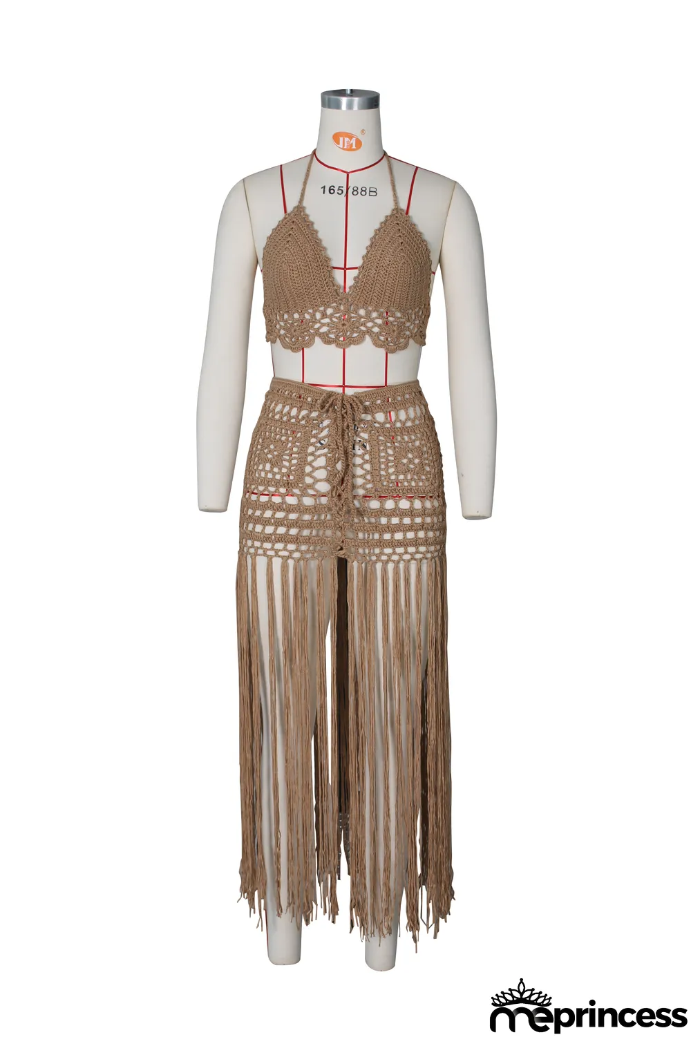 Summer Khaki Crochet Halter Crop Top and Fringe Skirt 2pc Cover-Up