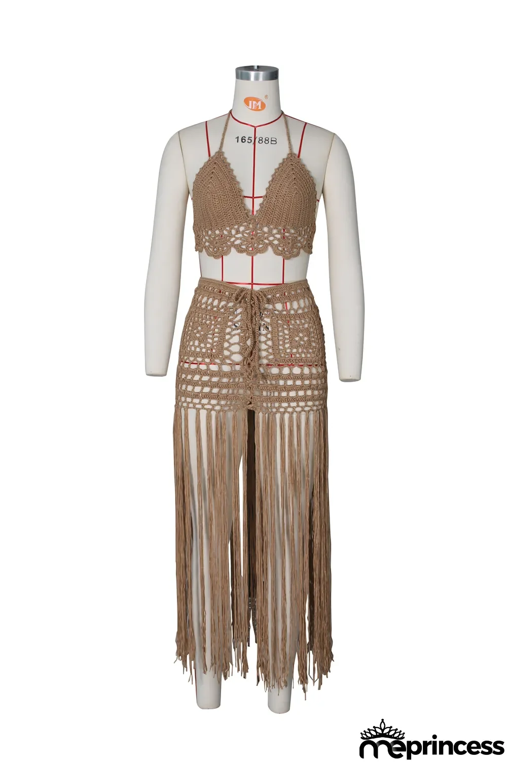 Summer Khaki Crochet Halter Crop Top and Fringe Skirt 2pc Cover-Up