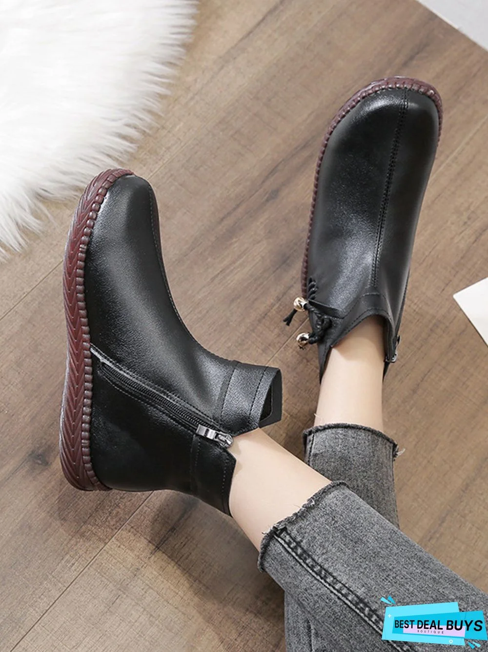 Women's Bow Faux Fur Lined Plain Boots with Zipper