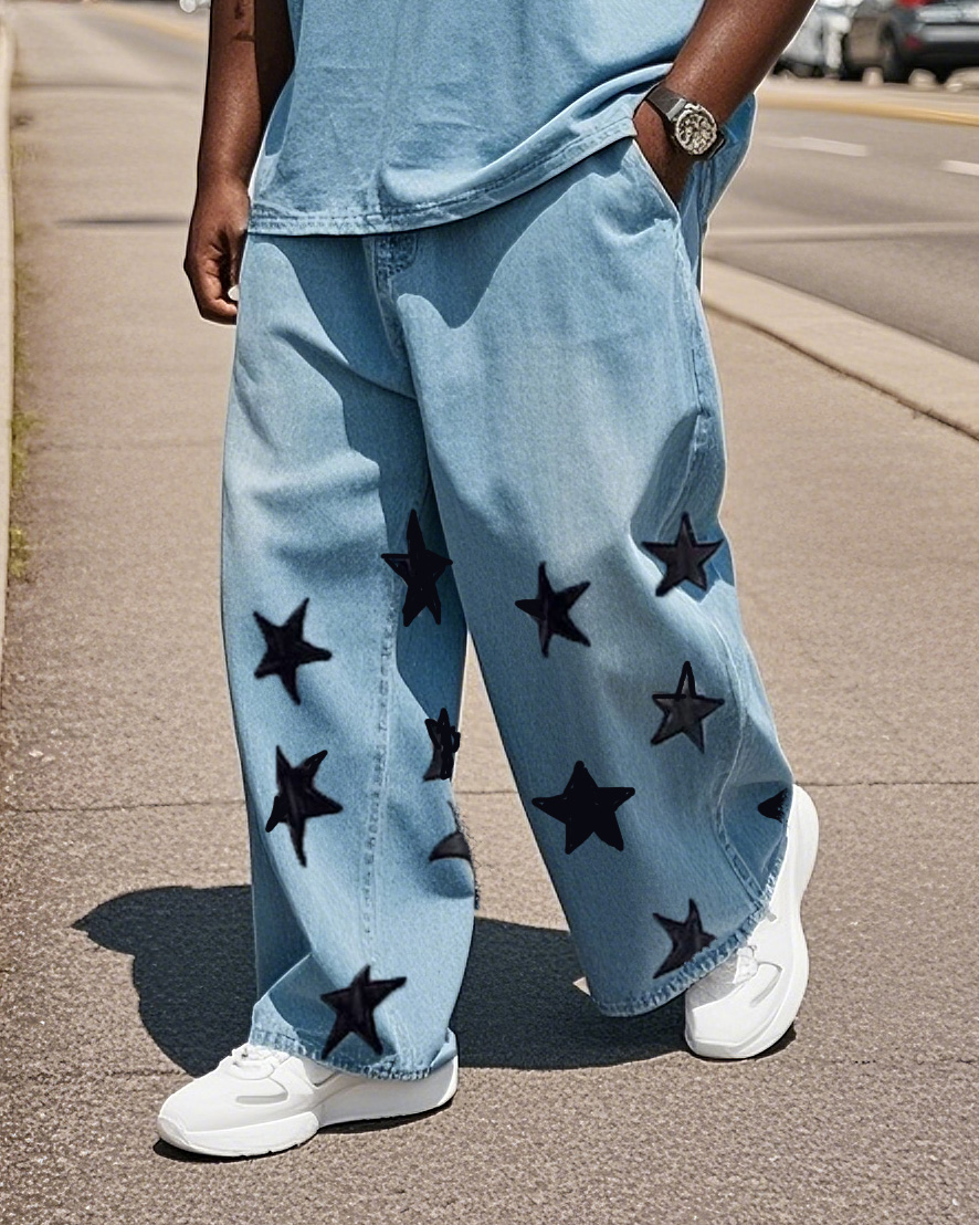 Plus Size Men's Creative Design Star Loose Jeans